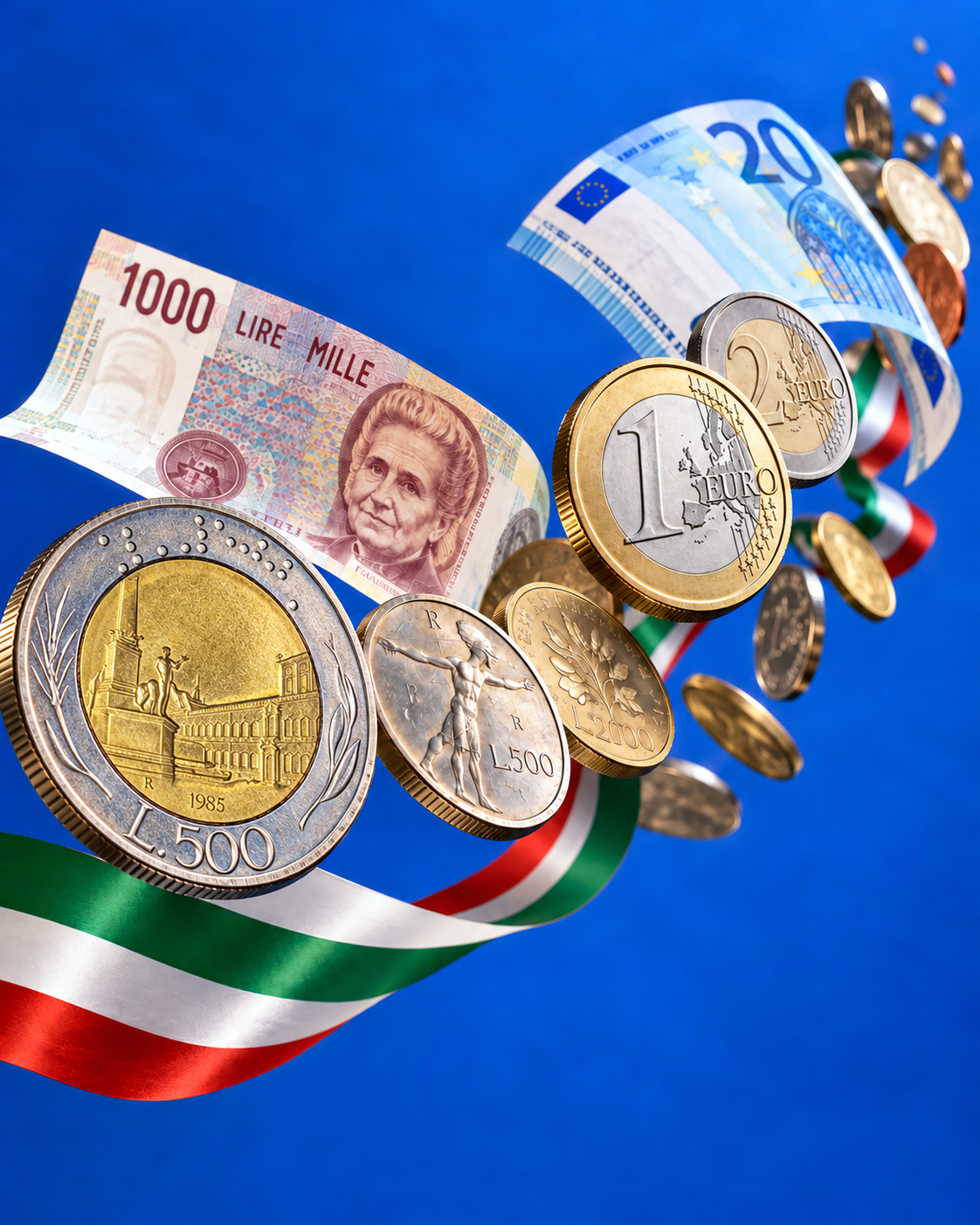 Composizione con monete e banconote della Lira e dell'Euro e nastro tricolore